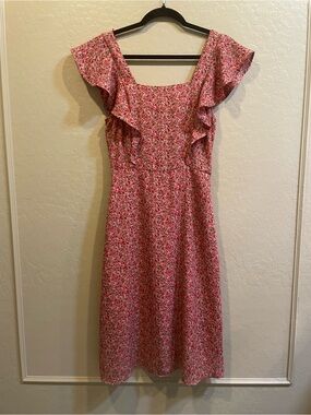 Monteau Pink Floral Ruffle-Sleeve Midi Dress